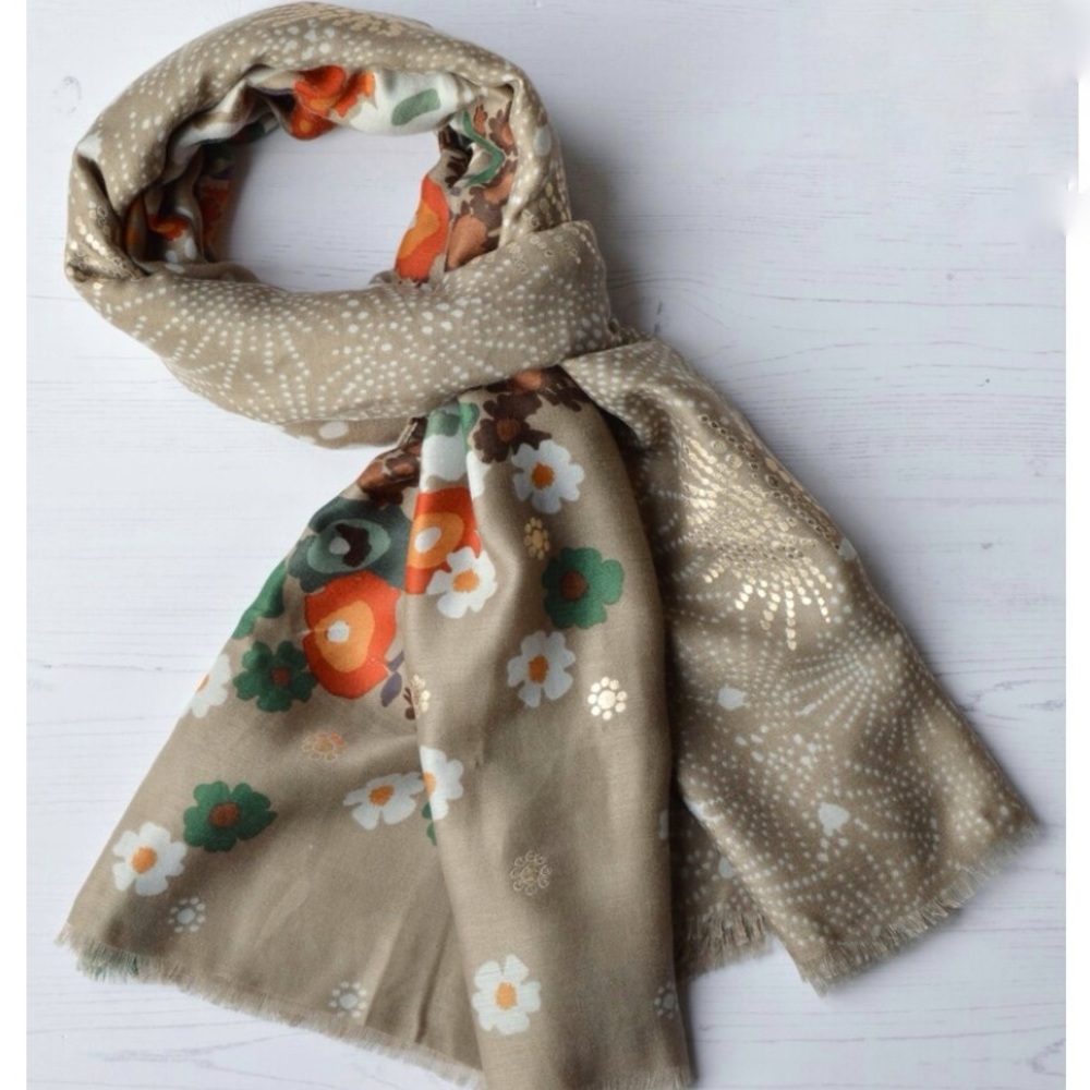 Taupe Floral Print Gold Foil Fireworks Overlay Lightweight Scarf Wrap NWT-72x36”